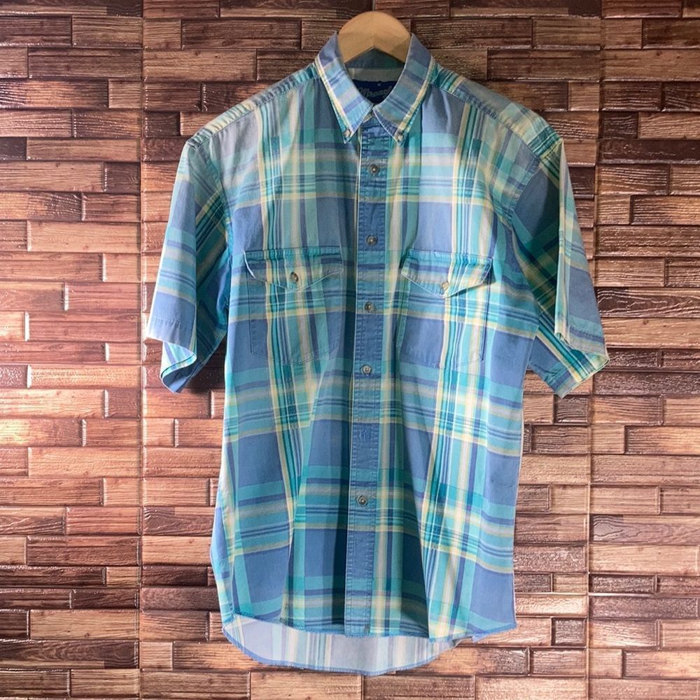 Mens Medium Vintage Wrangler Short Sleeve Blue & Yellow Plaid Button Down Shirt